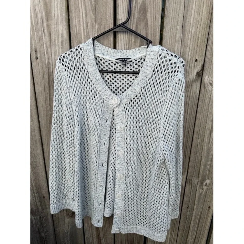 Boho Crochet Open Knit Cable & Gauge Cardigan XL Blue White Marled Mesh Sweater